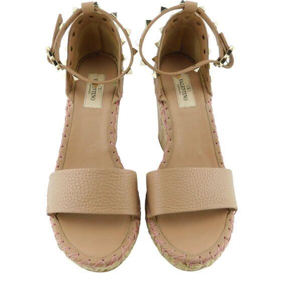New VALENTINO Rockstud Nude Beige Espadrille Wedge Ankle Strap Sandals 37 - Picture 3 of 10